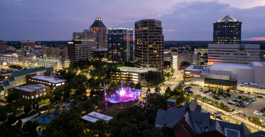 Aerial view of downtown Greensboro, NC at dusk